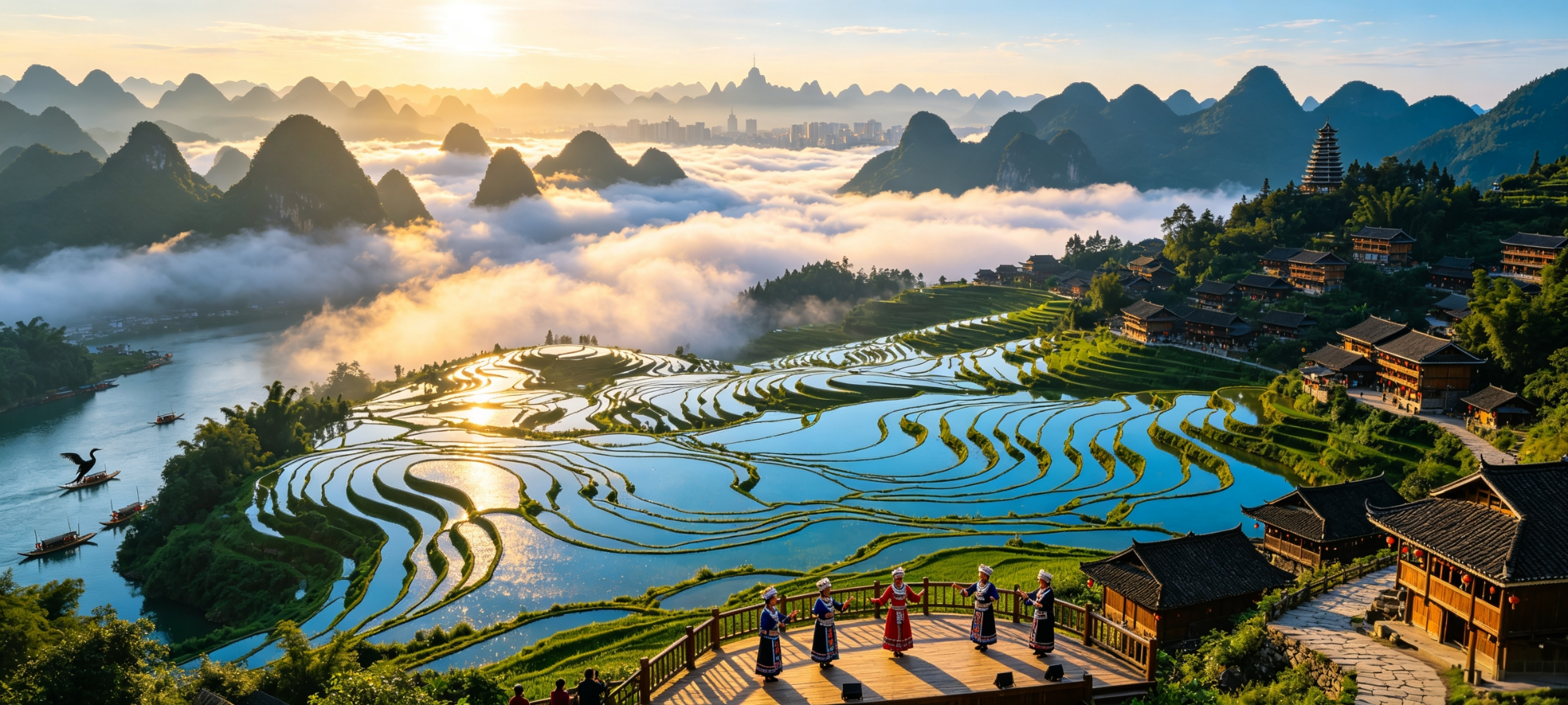 Day trip to Longji Rice Terraces, cable car ascent, explore Huangluo Yao Village, capture terrace sunset; overnight on terrace mountain.